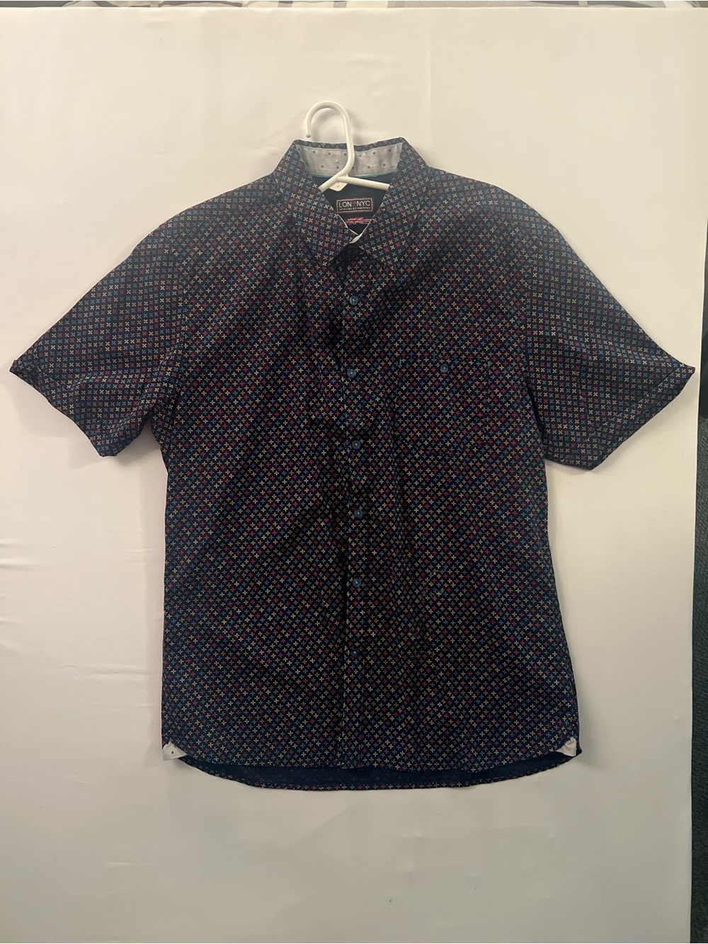 Navy Short-Sleeve Button-Down with Multicolor Micro Pattern